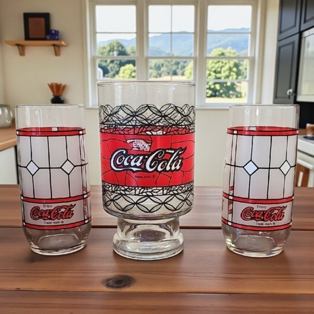 Vintage Set of 3 Coca Cola Red and White Geometric Glasses Trio